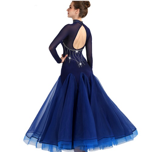 Navy ballroom dresses for women female long sleeves competition stage performance waltz tango chacha dancing costumes